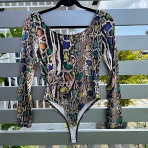 Multi-colored Long Sleeve Snake Print Bodysuit/Medium